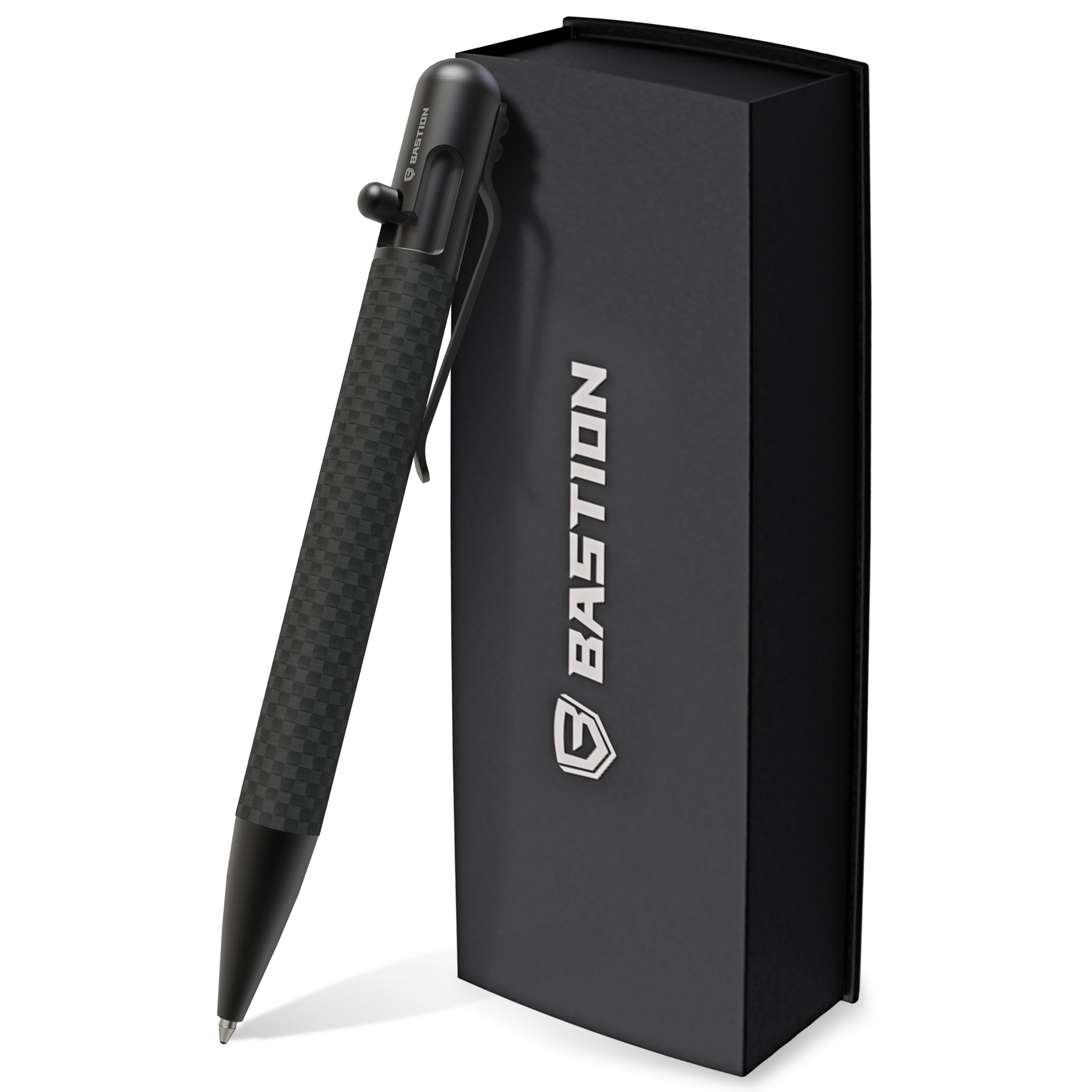 Bastion carbon fiber and stainless steel bolt action pen showing material layering