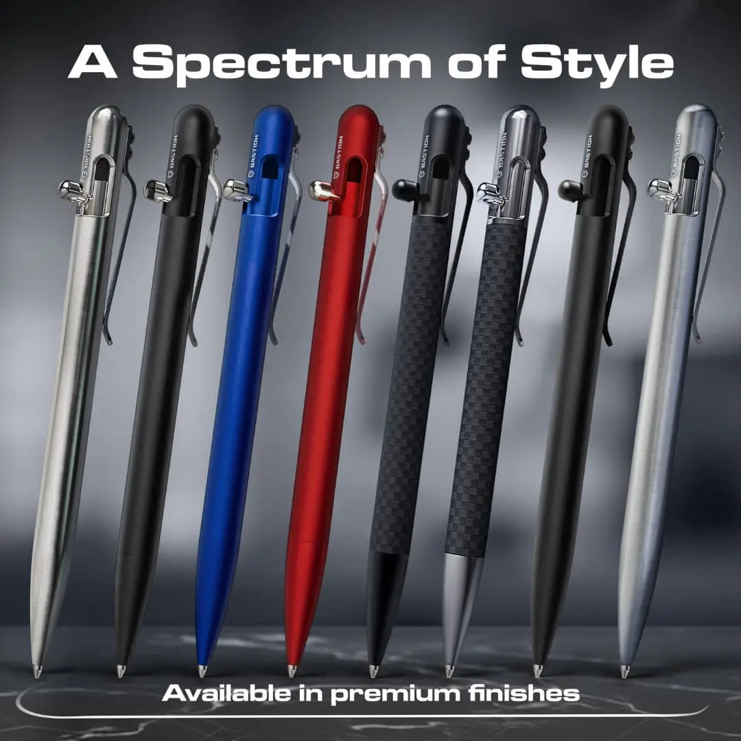 Image shows Carbon Fiber and Stainless Steel - Slim Bolt Action Pen by Bastion variants, made of various materials