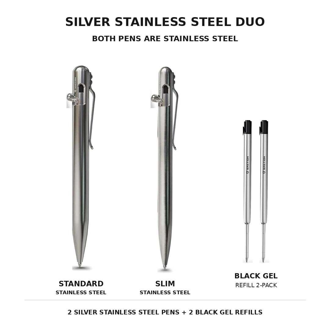 Both pens are stainless steel: one Standard silver stainless steel pen and one Slim silver stainless steel pen, plus a black gel ink refill 2-pack.