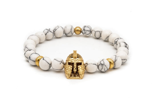 UNCOMMON Men's Beads Bracelet One Gold Jeweled Warrior Charm White Jasper Beads