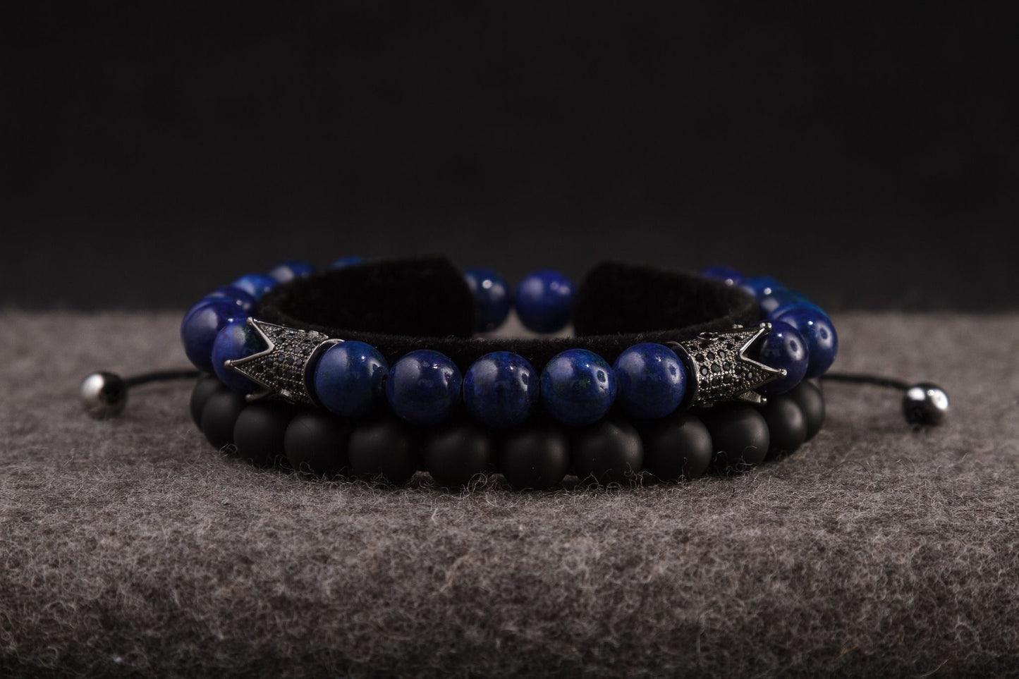 UNCOMMON Men's Beads Bracelet Two Pewter Crown Charms Blue Jasper Beads