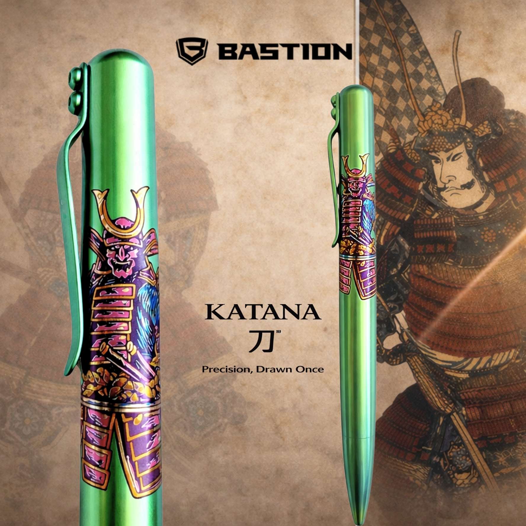 Limited edition titanium bolt action pen with intricate finish, Bastion KATANA