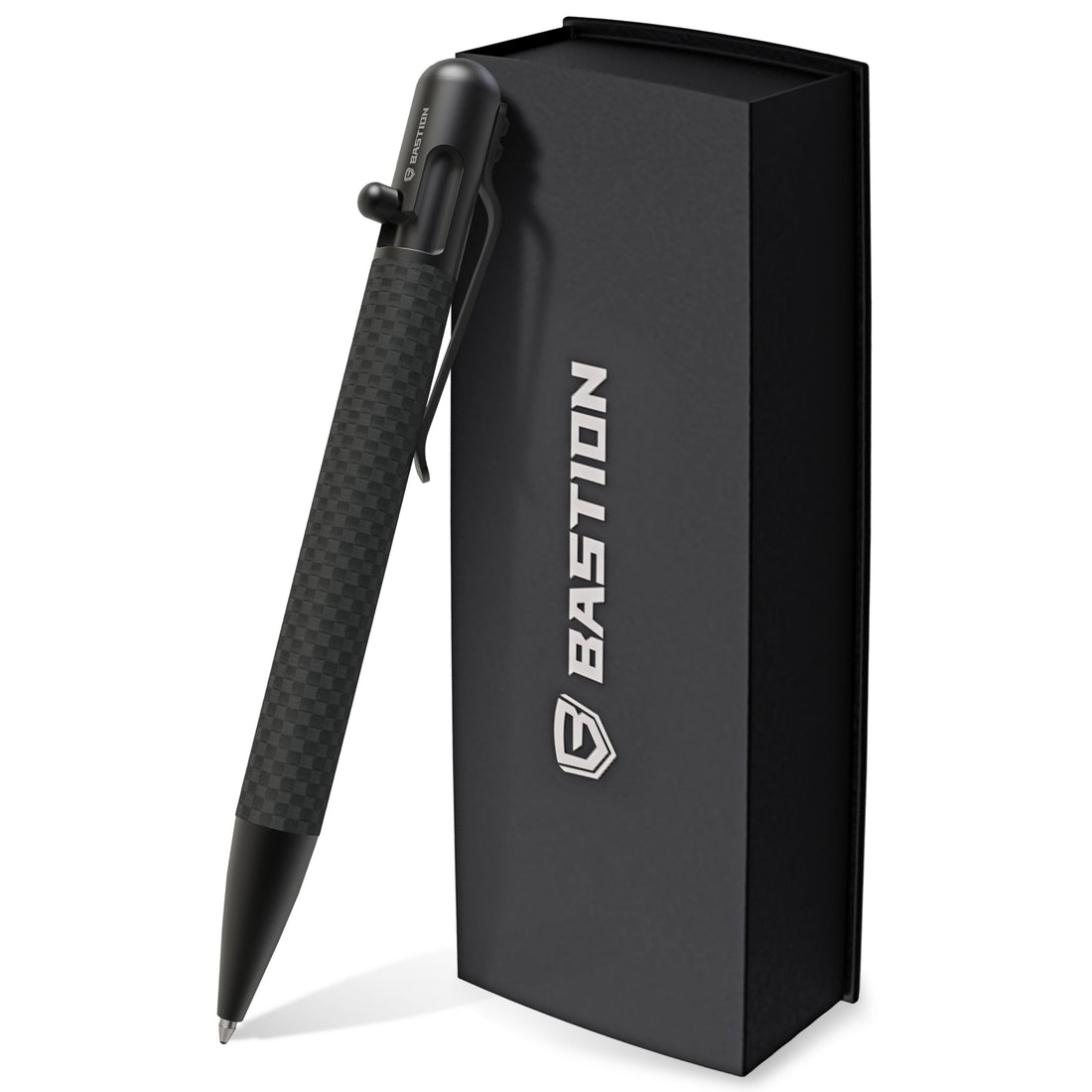 Bastion carbon fiber and stainless steel bolt action pen showing material layering