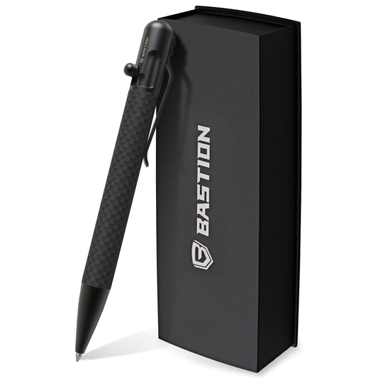 Bastion carbon fiber and stainless steel bolt action pen showing material layering