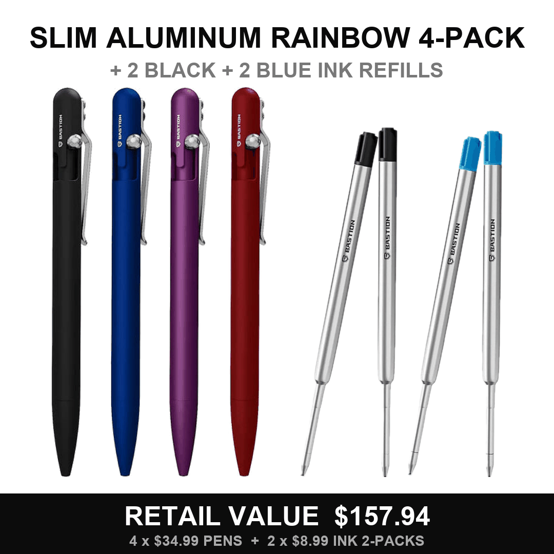 Slim Aluminum Rainbow 4-Pack with black and blue oil ink refill 2-packs
