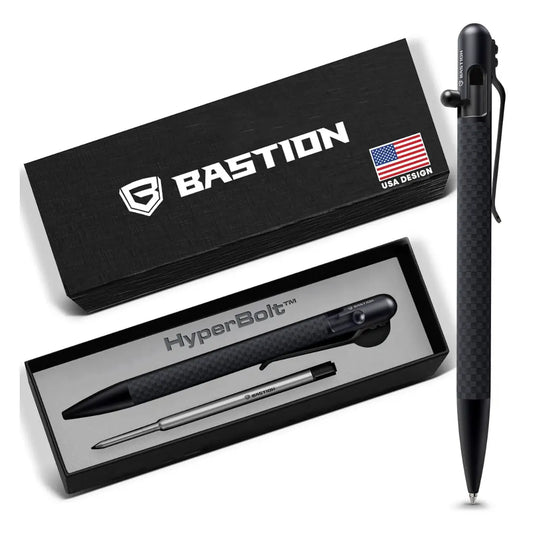 Carbon Fiber and Stainless Steel - Slim Bolt Action Pen by Bastion®- Pen with opened box displaying 'Bastion' branding.