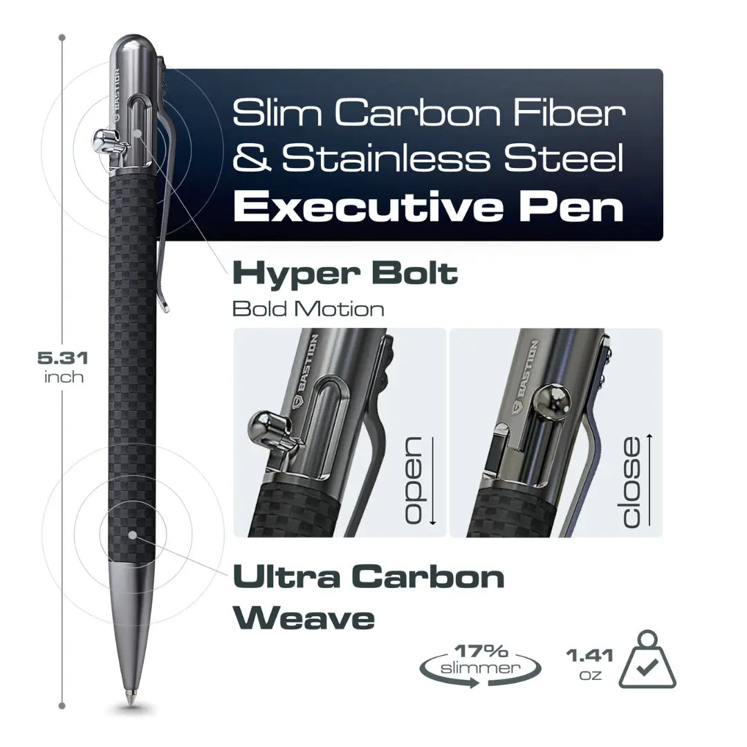 Carbon Fiber and Stainless Steel - Slim Bolt Action Pen by Bastion® with measurements and bolt detail