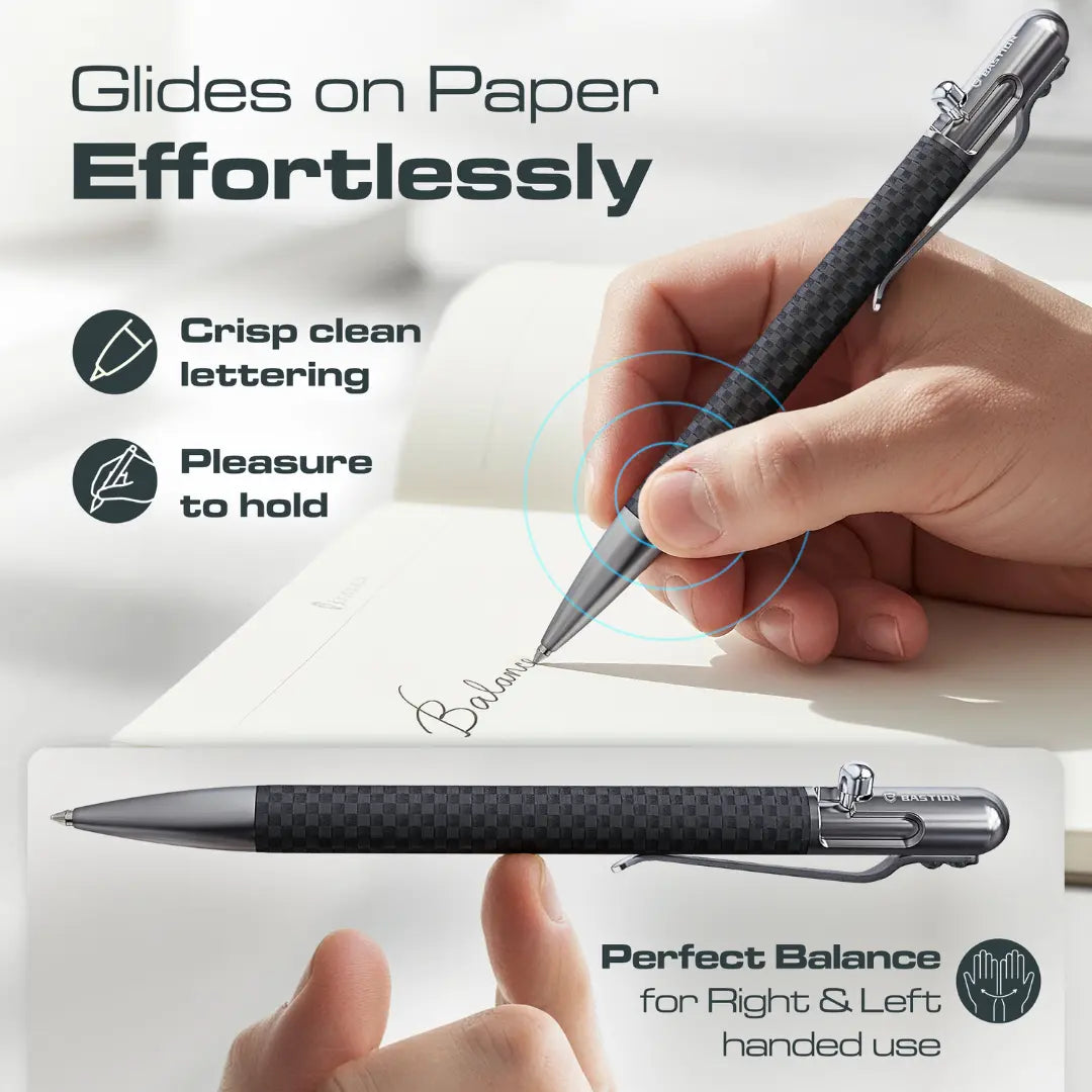  Carbon Fiber and Stainless Steel - Slim Bolt Action Pen by Bastion® writing on paper