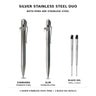 Both pens are stainless steel: one Standard silver stainless steel pen and one Slim silver stainless steel pen, plus a black gel ink refill 2-pack.