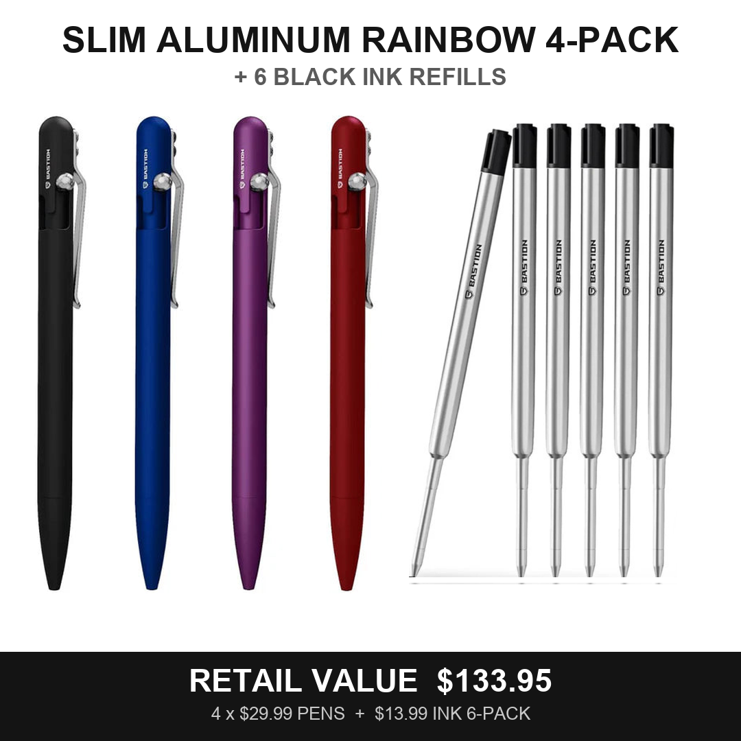 Slim Aluminum Rainbow 4-Pack + Black Ink 6-Pack: black, blue, purple, red slim bolt action pens and six black refills
