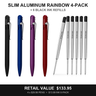 Slim Aluminum Rainbow 4-Pack + Black Ink 6-Pack: black, blue, purple, red slim bolt action pens and six black refills