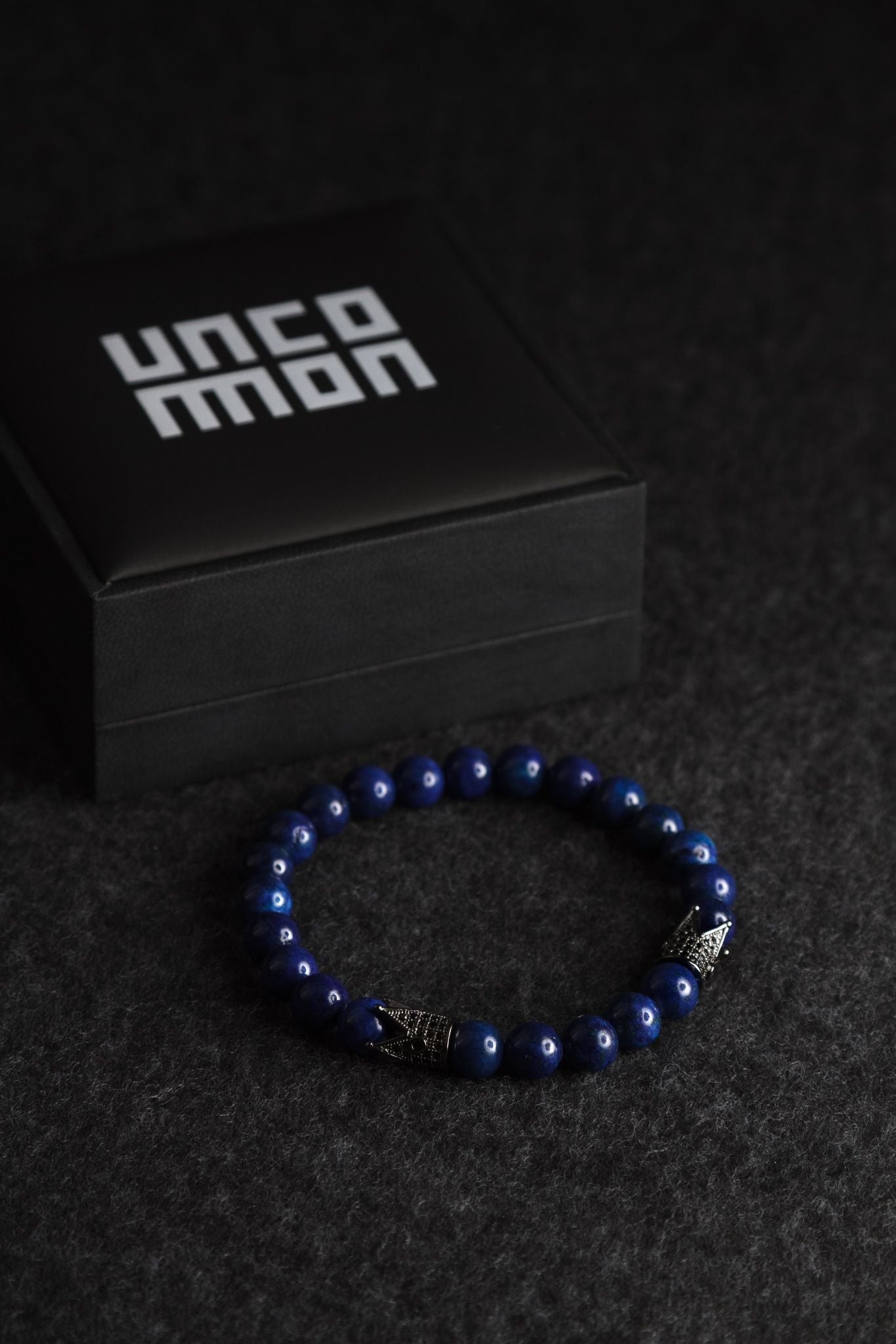 UNCOMMON Men's Beads Bracelet Two Pewter Crown Charms Blue Jasper Beads