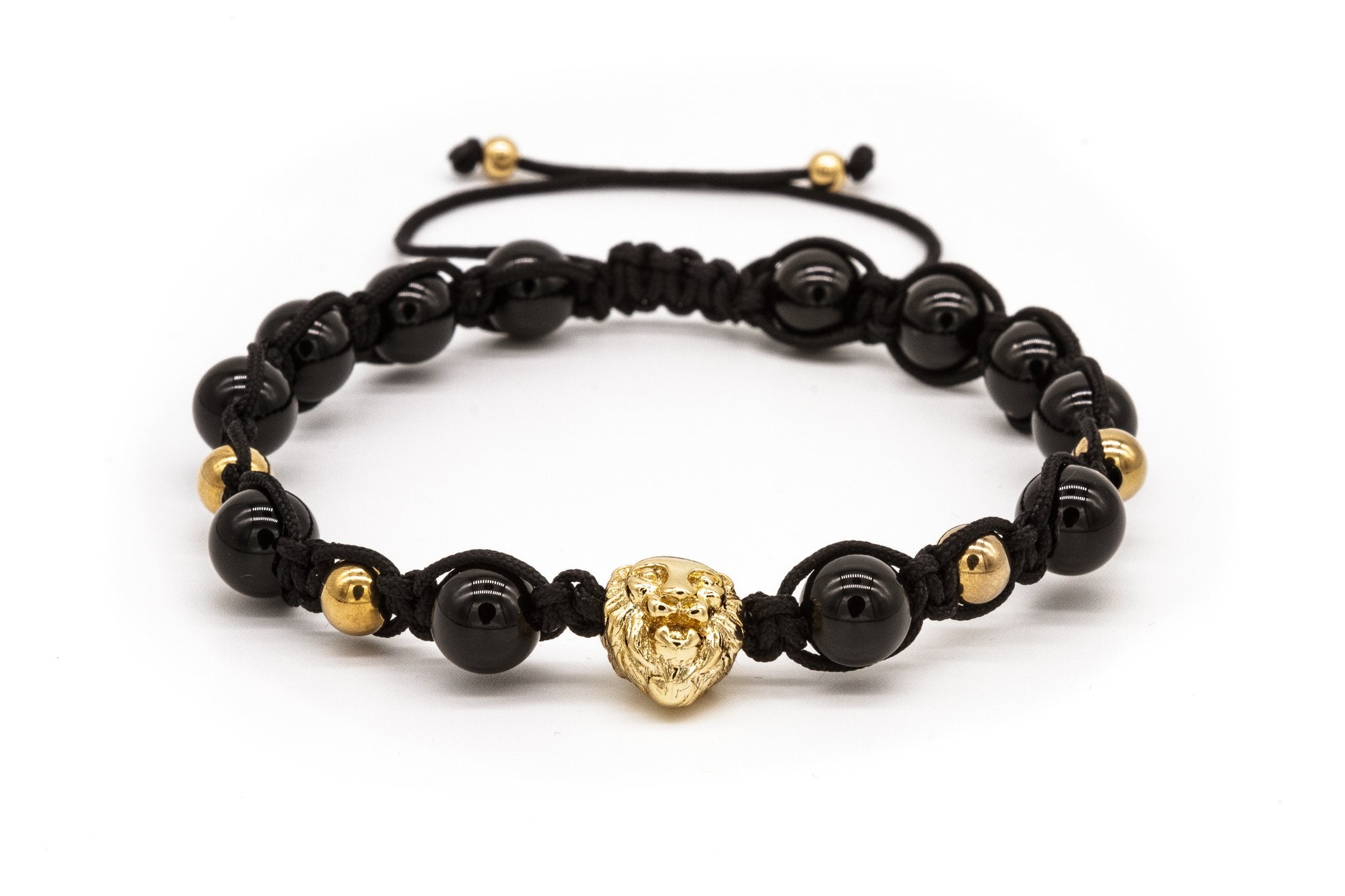 UNCOMMON Men's Beads Bracelet One Gold Lion Charm Black Onyx Beads