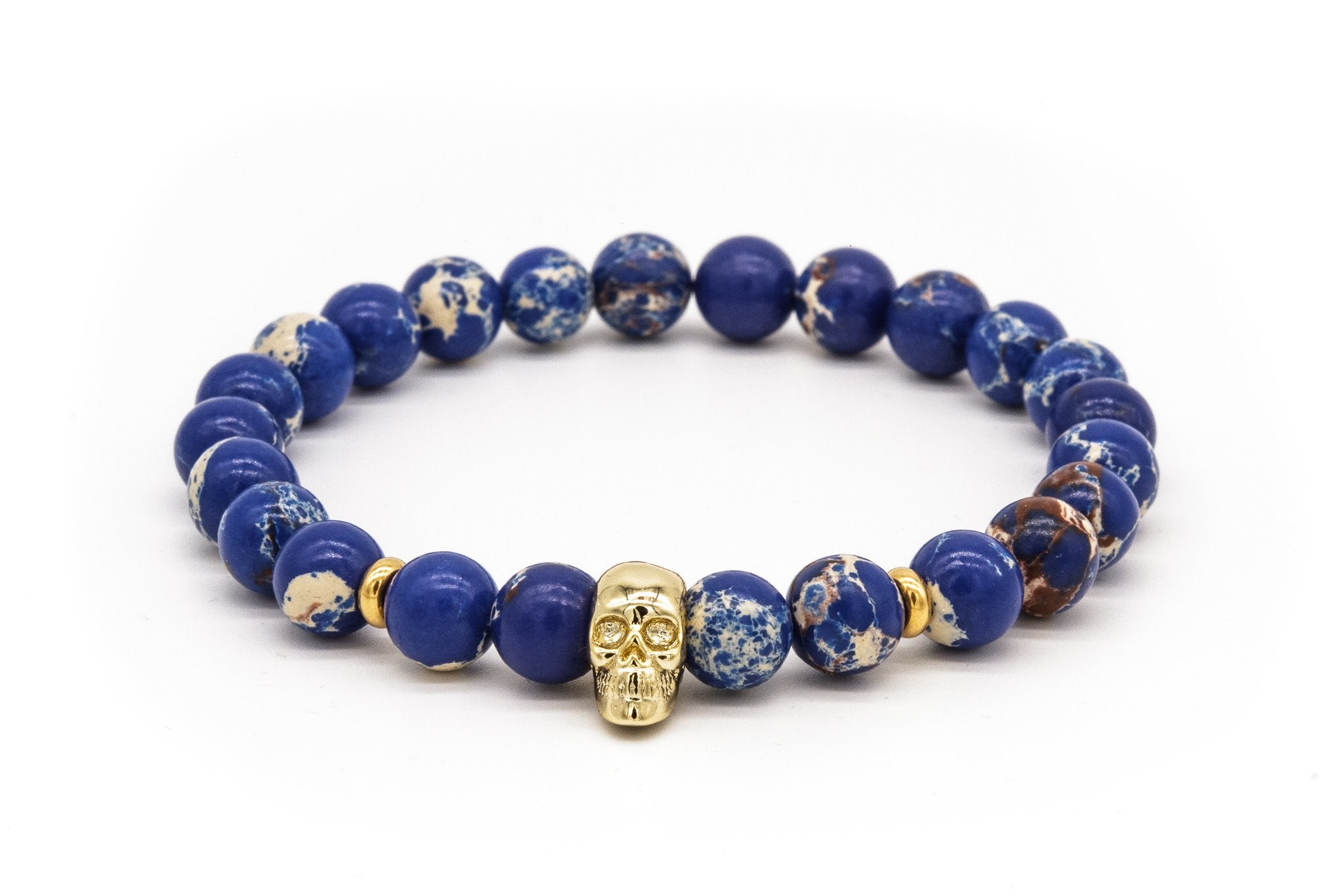 UNCOMMON Men's Beads Bracelet One Gold Skull Charm Blue Jasper Beads