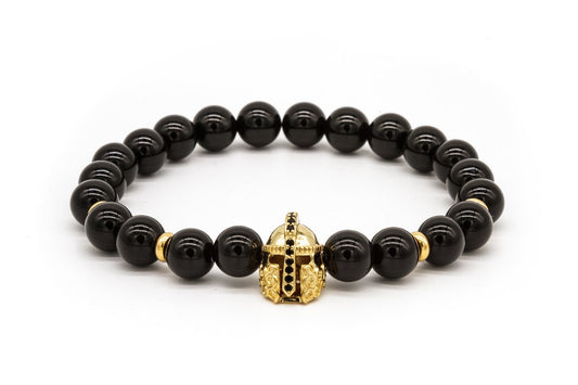 UNCOMMON Men's Beads Bracelet One Gold Jeweled Warrior Charm Black Onyx Beads