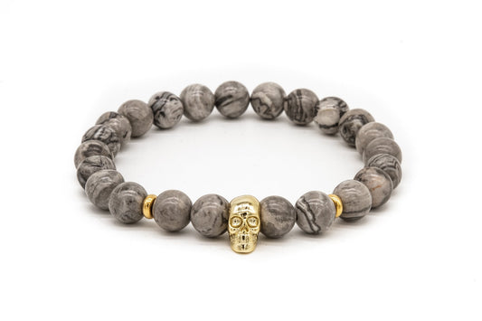 UNCOMMON Men's Beads Bracelet One Gold Skull Charm Grey Jasper Beads