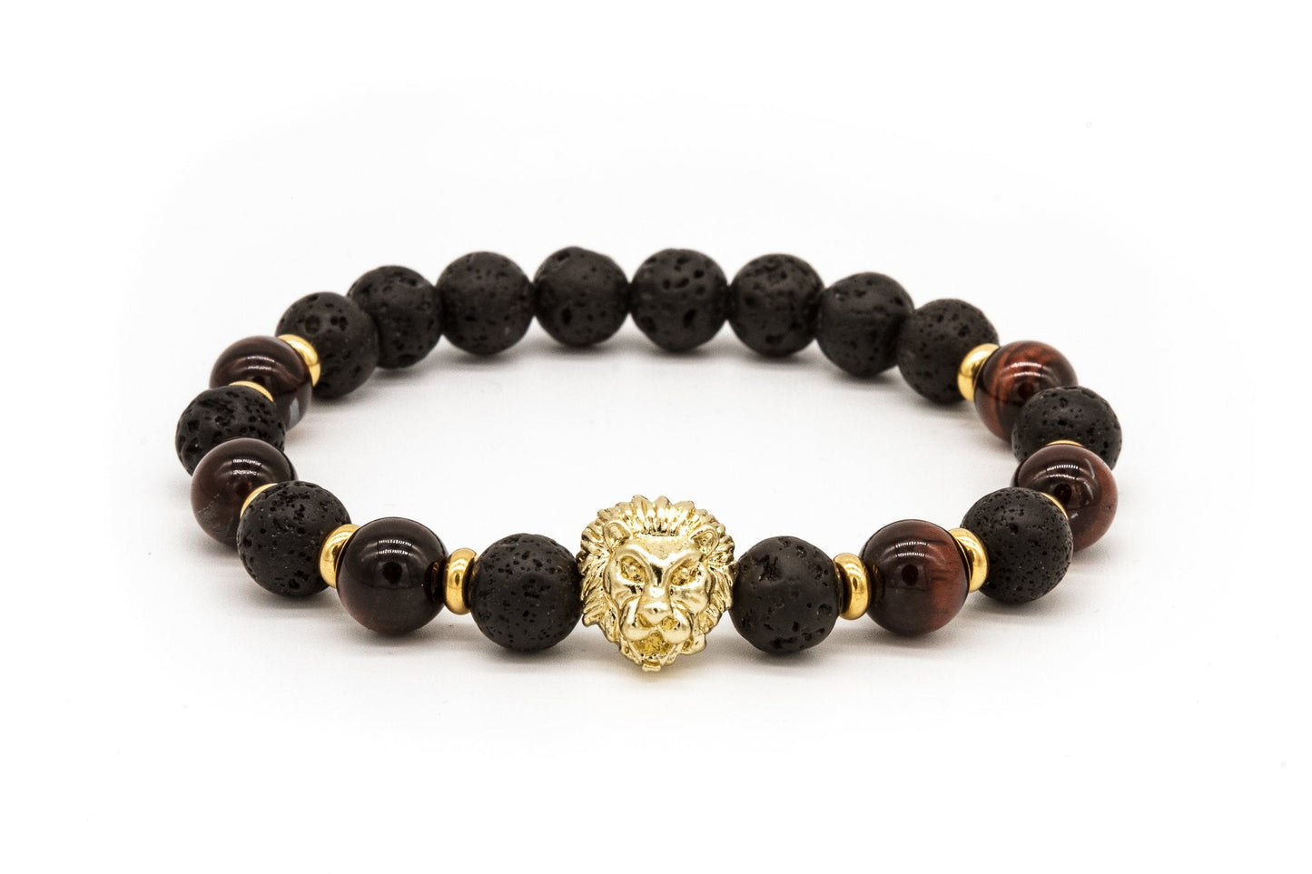 UNCOMMON Men's Beads Bracelet One Gold Lion Charm Onyx and Tiger-Eye Beads