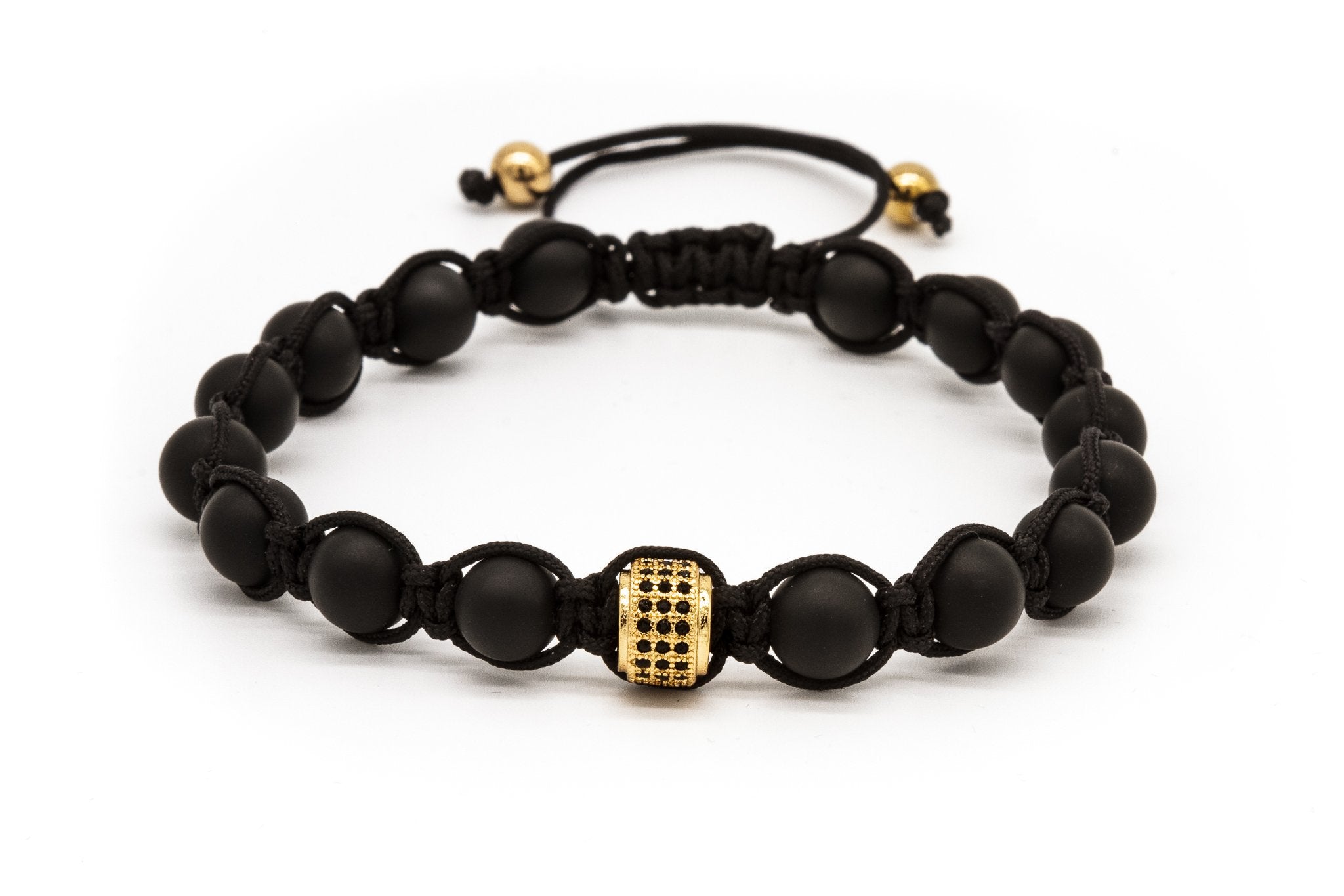 UNCOMMON Men's Beads Bracelet One Gold Jeweled Ring Charm Black Matte Onyx Beads