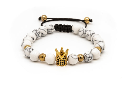 UNCOMMON Men's Beads Bracelet One Gold Jeweled Crown Charm White Jasper Beads