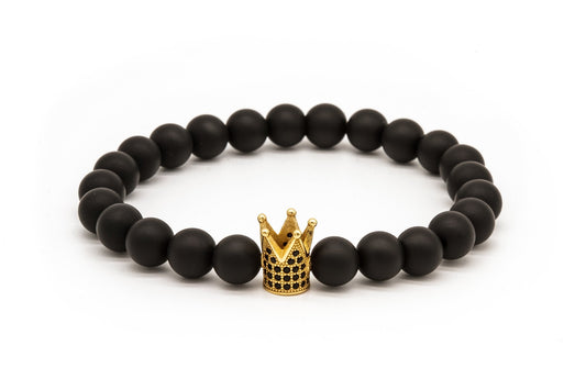 UNCOMMON Men's Beads Bracelet One Gold Jeweled Crown Charm Black Matte Onyx Beads