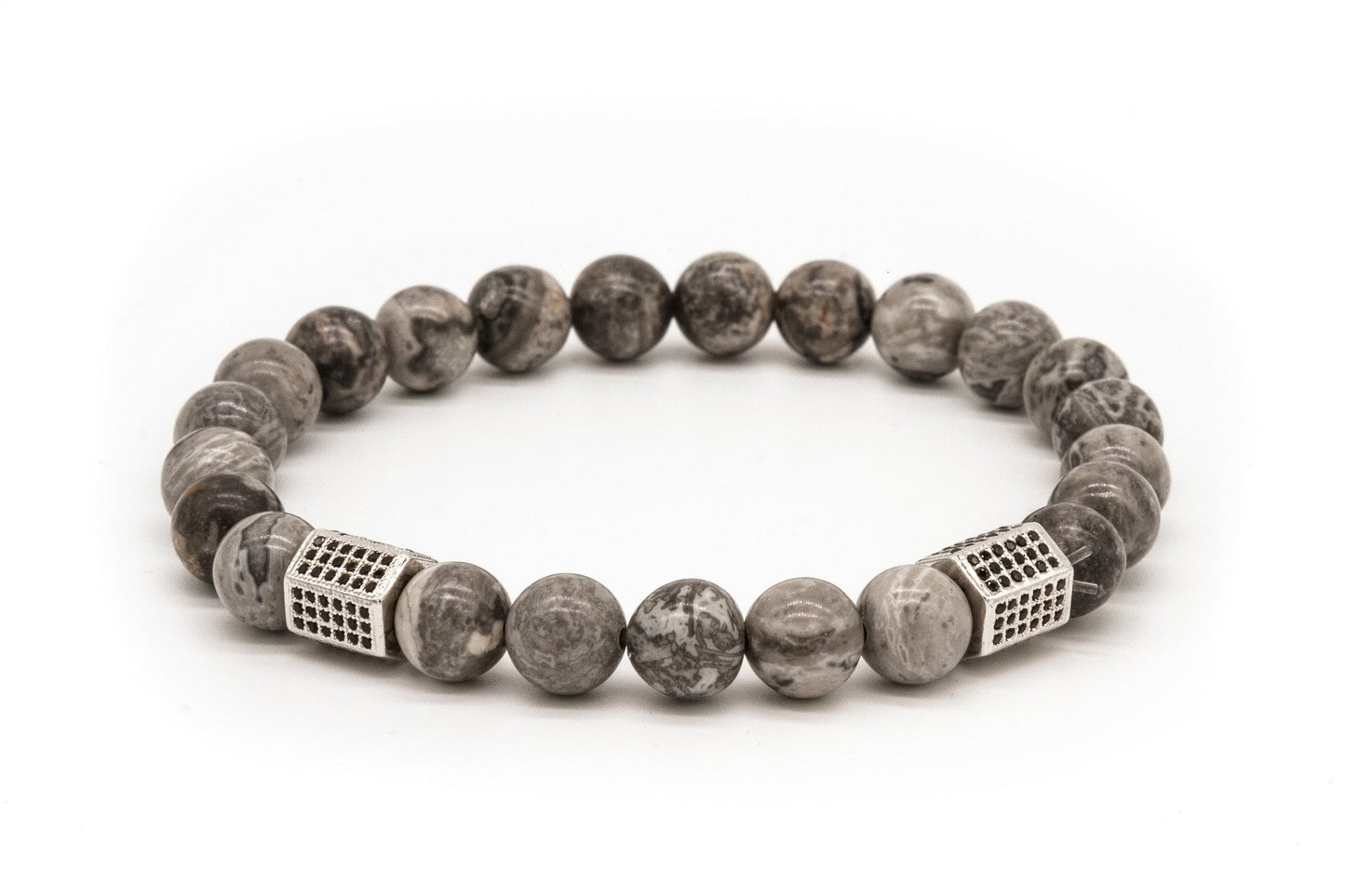 UNCOMMON Men's Beads Bracelet Two Silver Jeweled Chest Charms Grey Jasper Beads