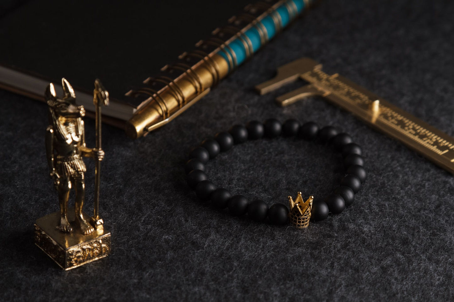 UNCOMMON Men's Beads Bracelet One Gold Jeweled Crown Charm Black Matte Onyx Beads
