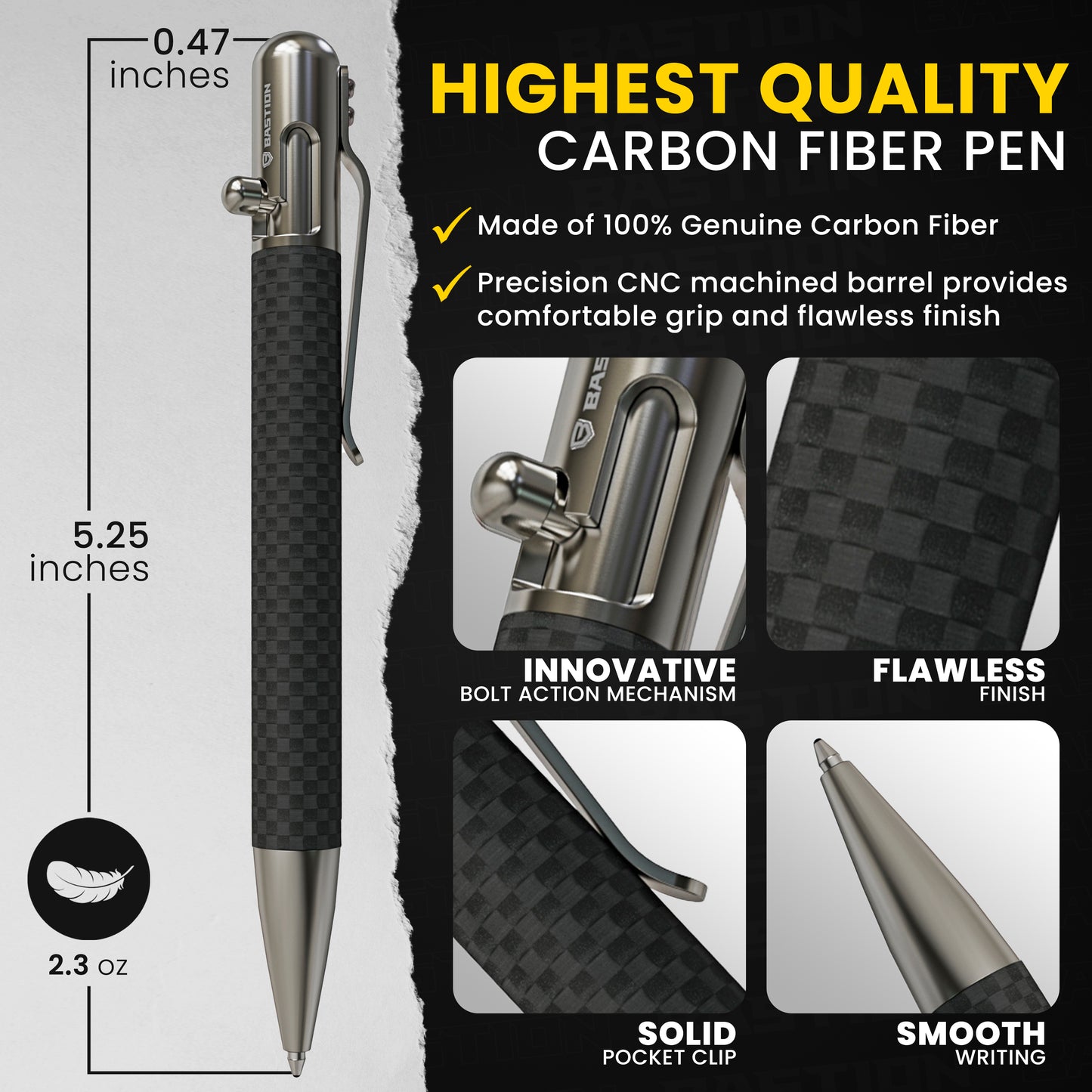 Carbon Fiber and Stainless Steel - Bolt Action Pen by Bastion® - Bastion Bolt Action Pen