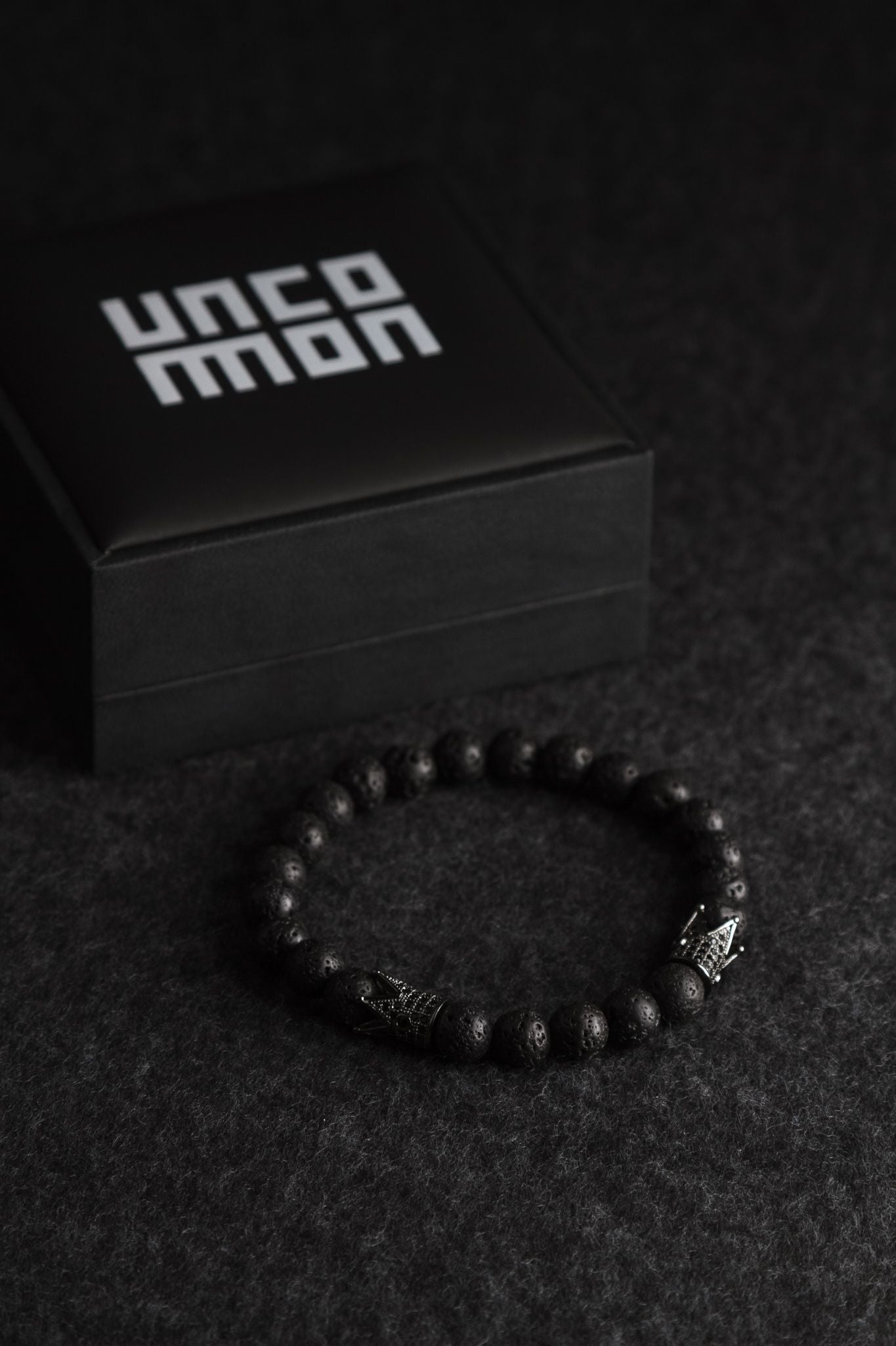 UNCOMMON Men's Beads Bracelet Two Black Crown Charms Lava Beads