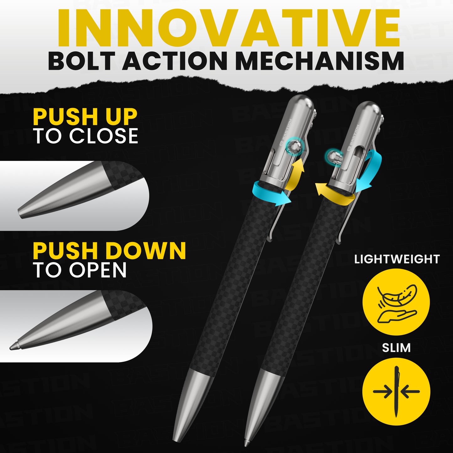 Carbon Fiber and Stainless Steel - Slim Bolt Action Pen by Bastion® - Bastion Bolt Action Pen