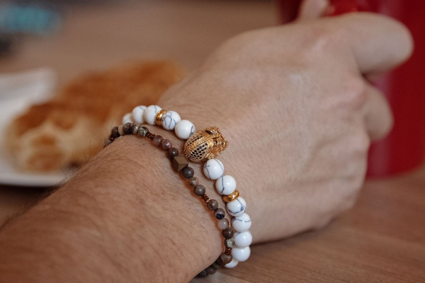 UNCOMMON Men's Beads Bracelet One Gold Jeweled Warrior Charm White Jasper Beads
