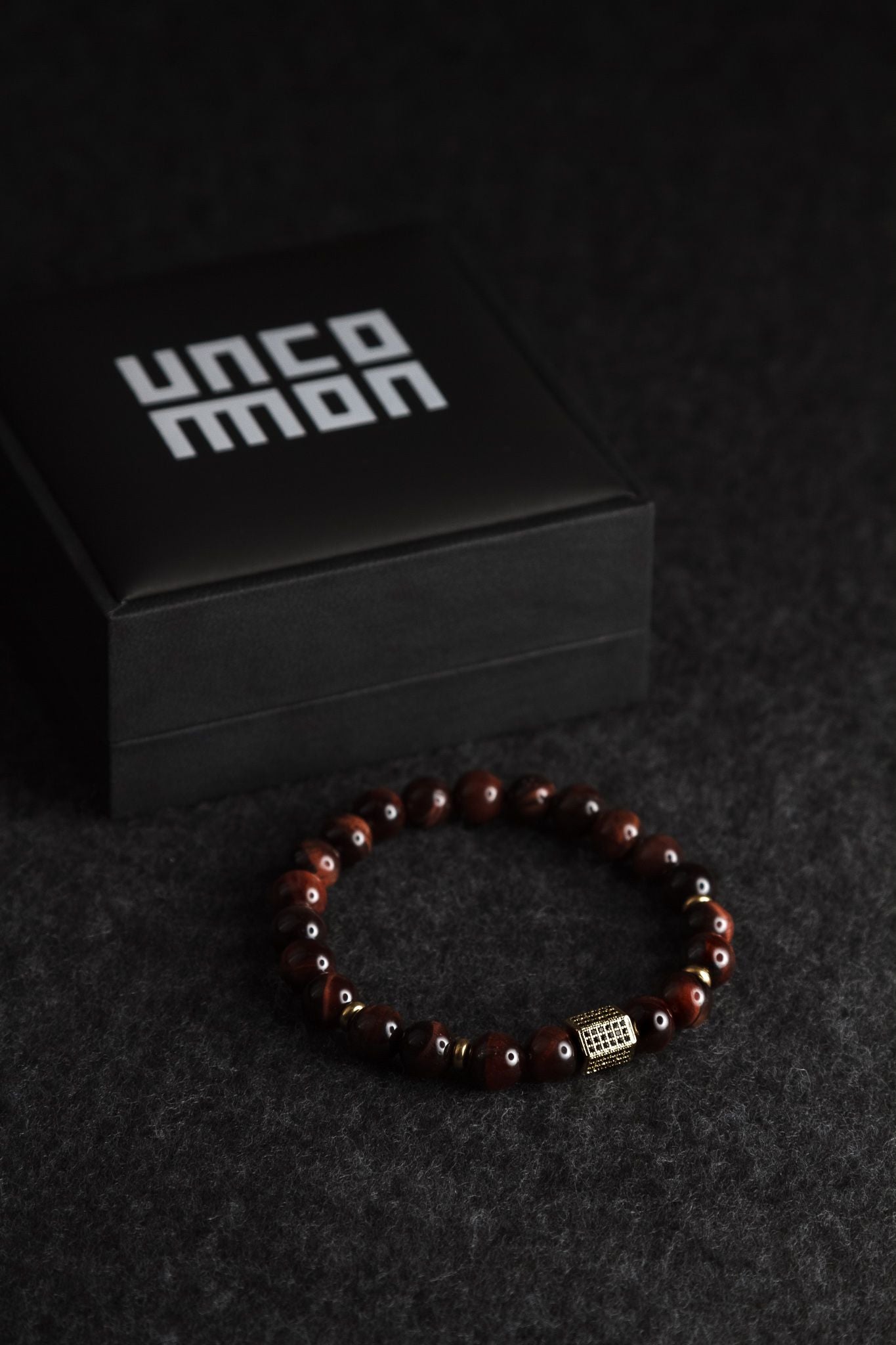 UNCOMMON Men's Beads Bracelet One Gold Jeweled Chest Charm Tiger-eye Beads