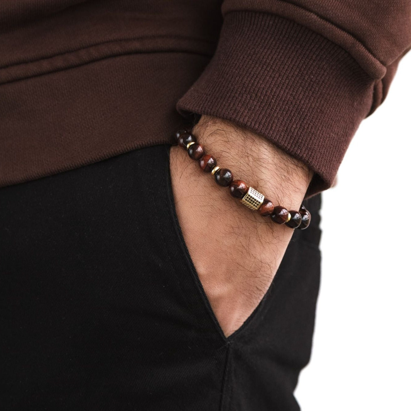 Brown Leather Bracelet with Tiger Eye Beads for Men