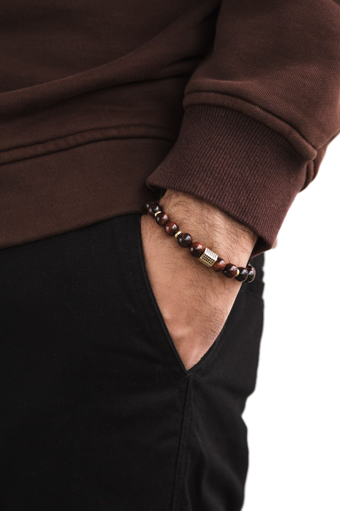 UNCOMMON Men's Beads Bracelet One Gold Jeweled Chest Charm Tiger-eye Beads