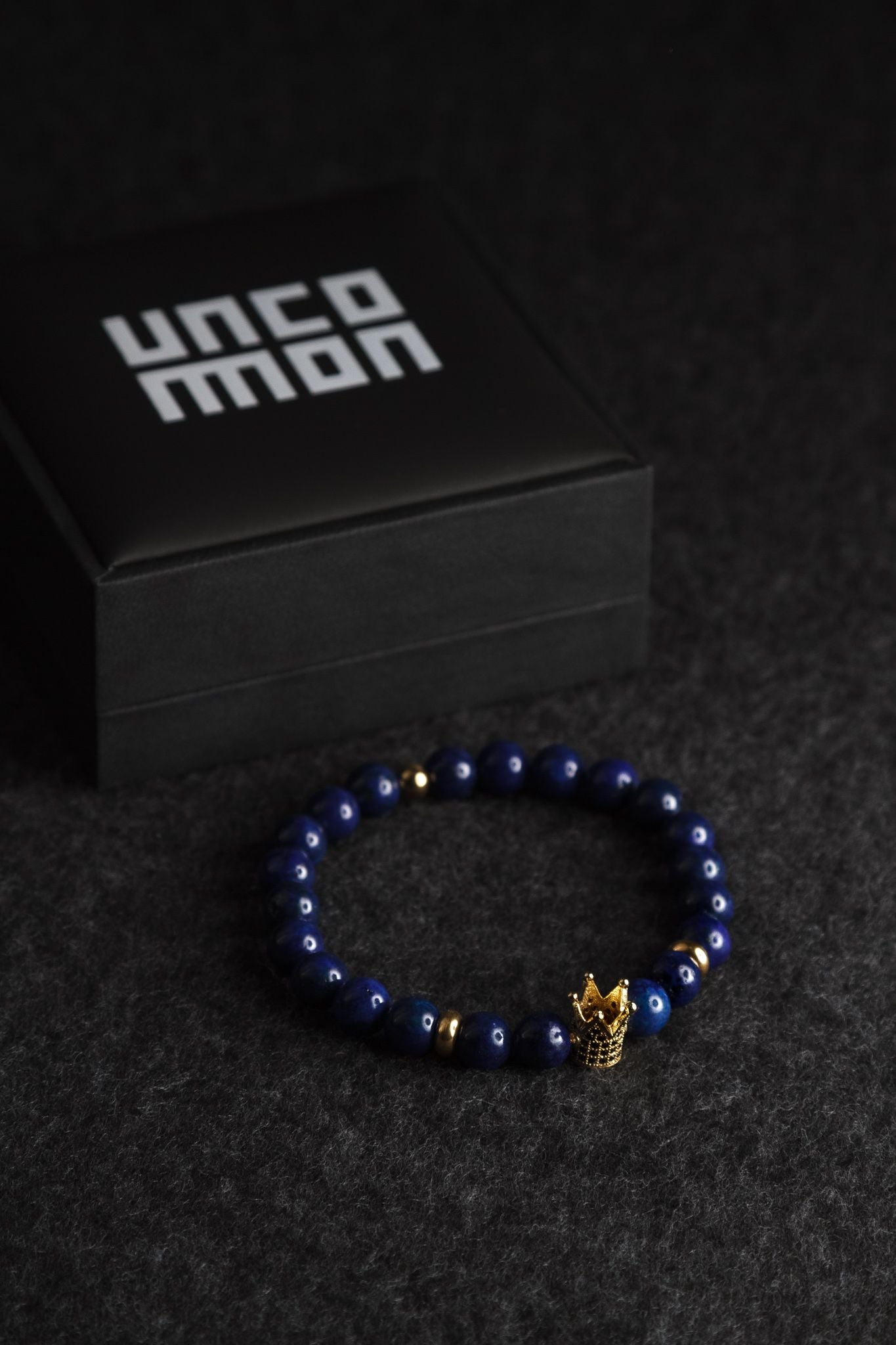 UNCOMMON Men's Beads Bracelet One Gold Jeweled Crown Charm Blue Jasper Stone Beads