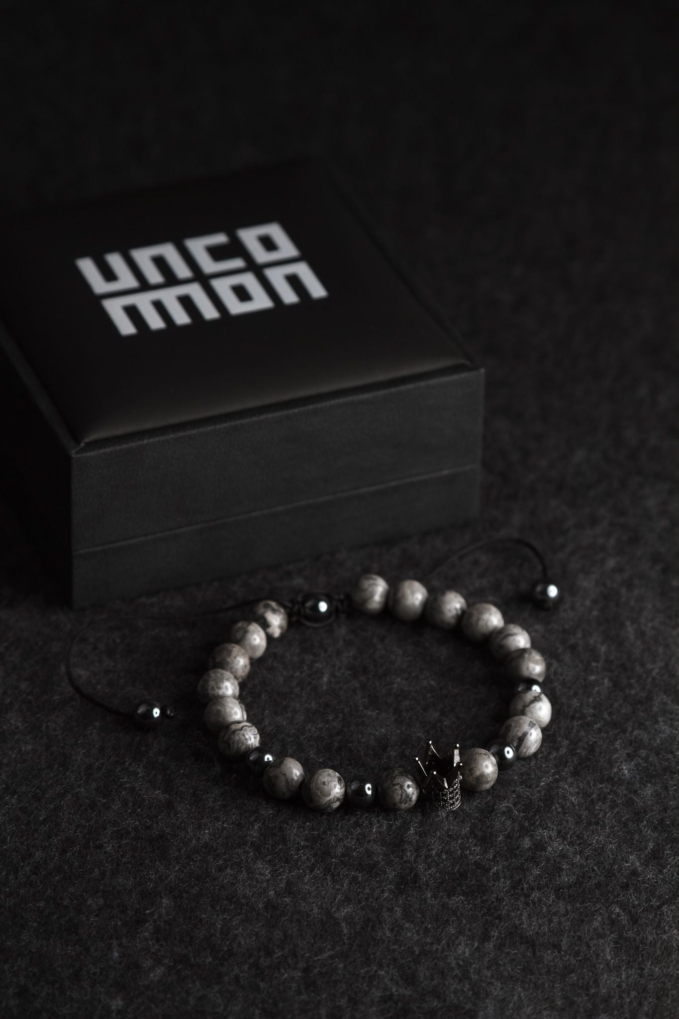 UNCOMMON Men's Beads Bracelet One Pewter Crown Charm Grey Jasper Stone Beads