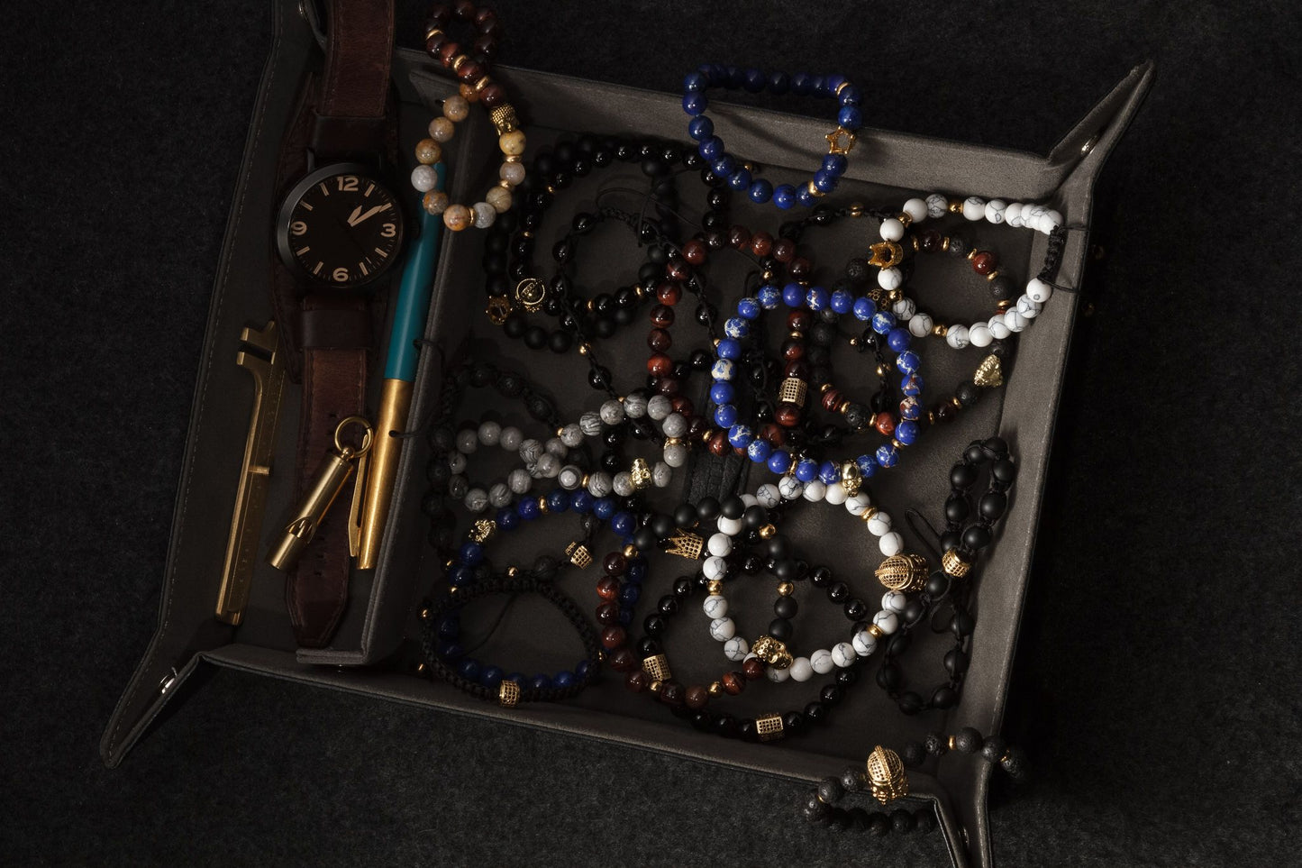 UNCOMMON Men's Beads Bracelet One Gold Jeweled Warrior Charm Black Lava Beads