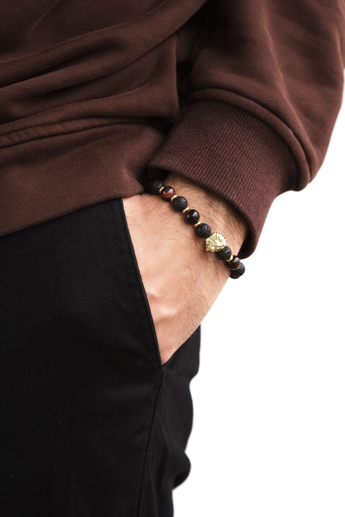 UNCOMMON Men's Beads Bracelet One Gold Lion Charm Onyx and Tiger-Eye Beads