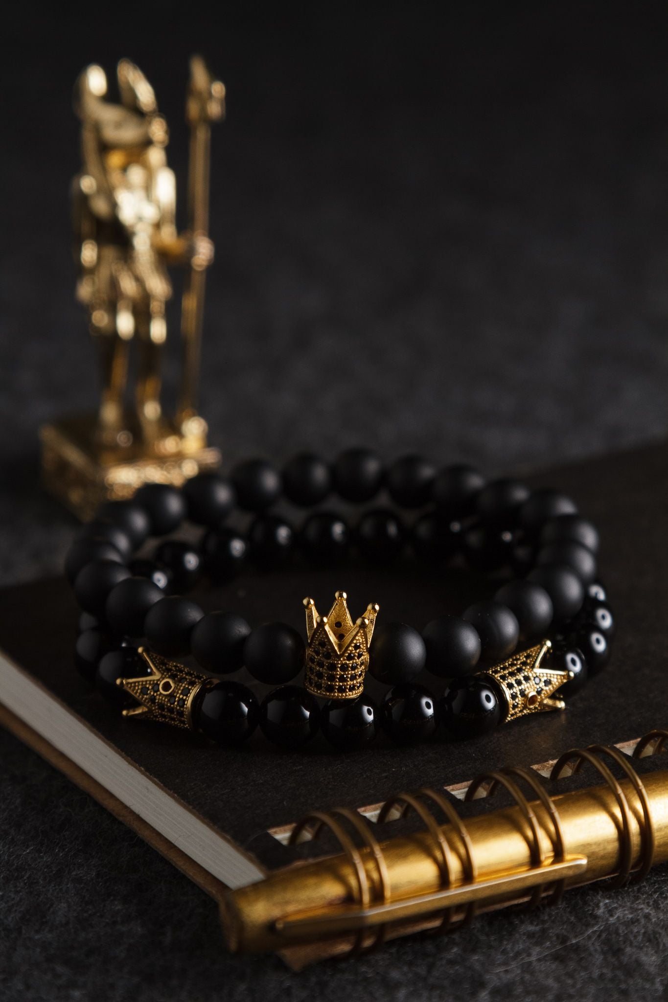 UNCOMMON Men's Beads Bracelet One Gold Jeweled Crown Charm Black Matte Onyx Beads