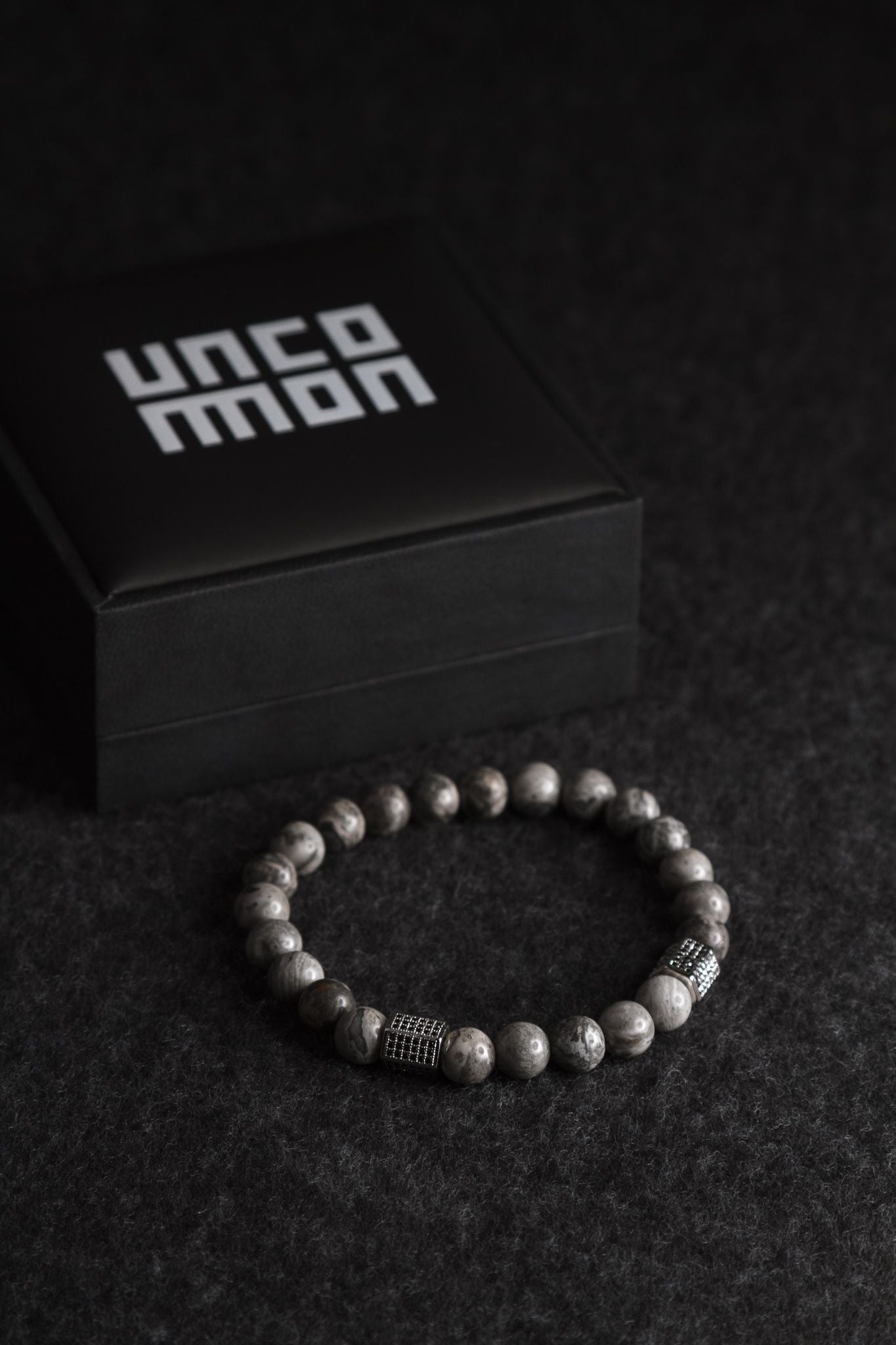 UNCOMMON Men's Beads Bracelet Two Silver Jeweled Chest Charms Grey Jasper Beads