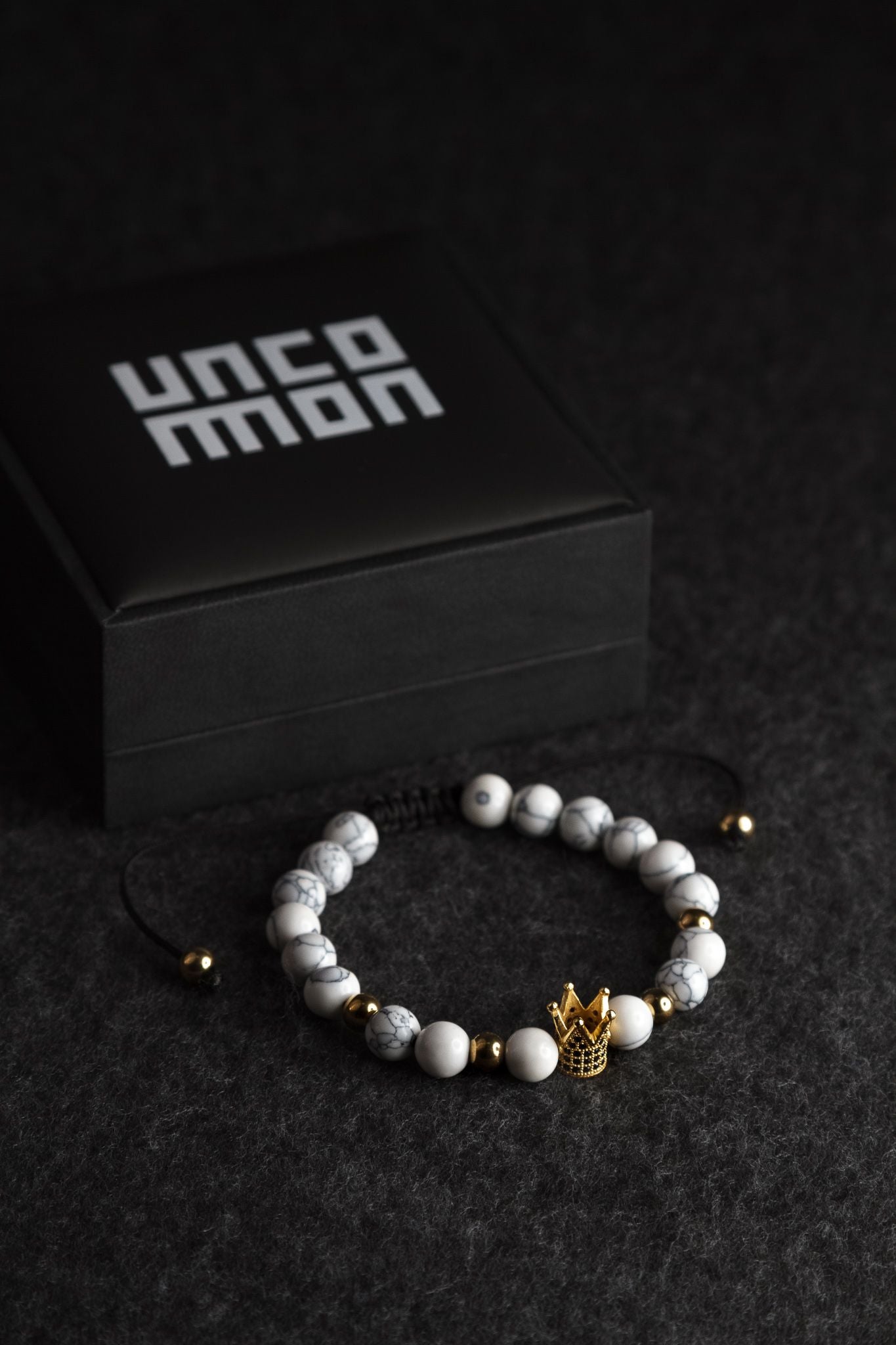 UNCOMMON Men's Beads Bracelet One Gold Jeweled Crown Charm White Jasper Beads