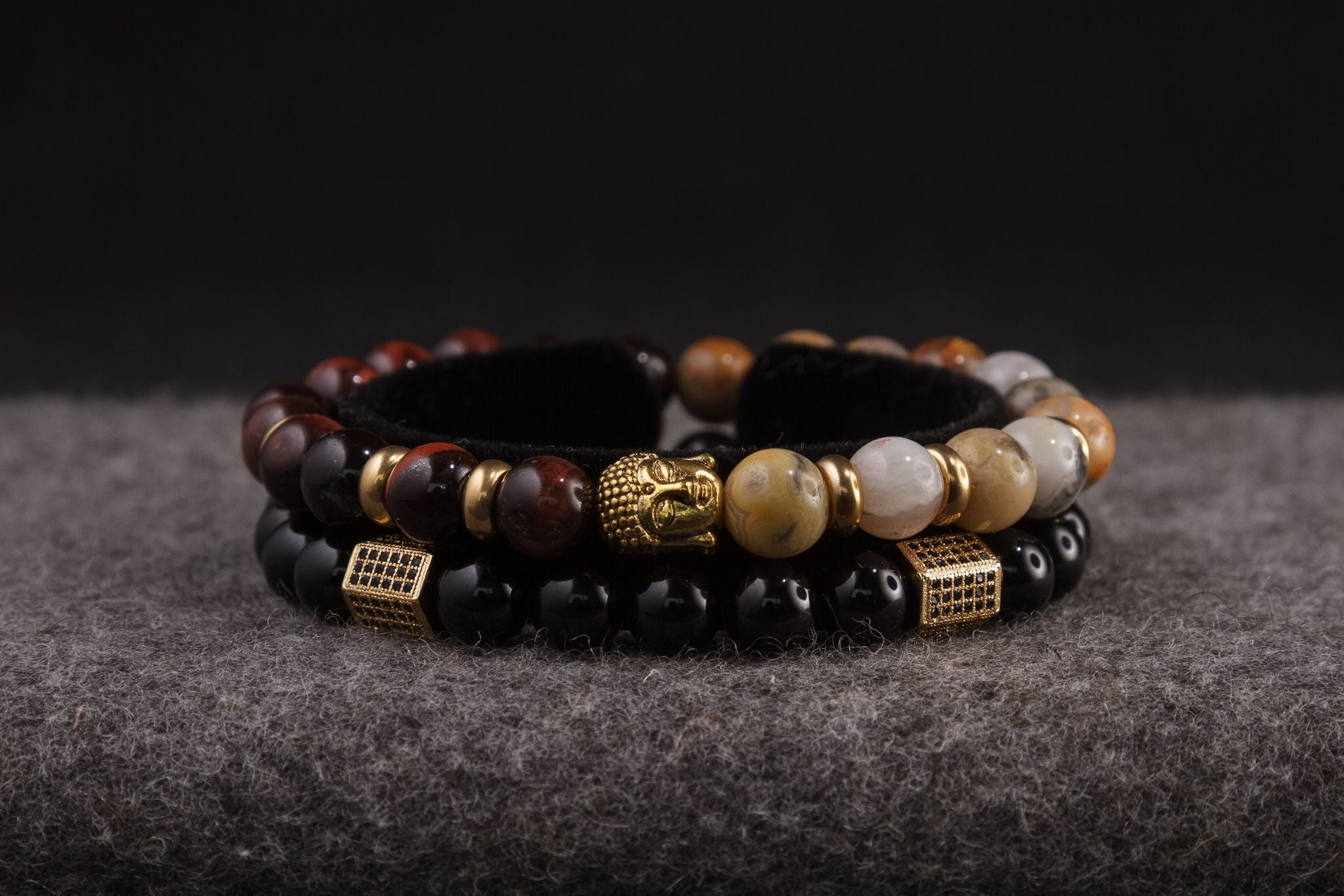 UNCOMMON Men's Beads Bracelet One Gold Buddha Head Charm Tiger-Eye Bea