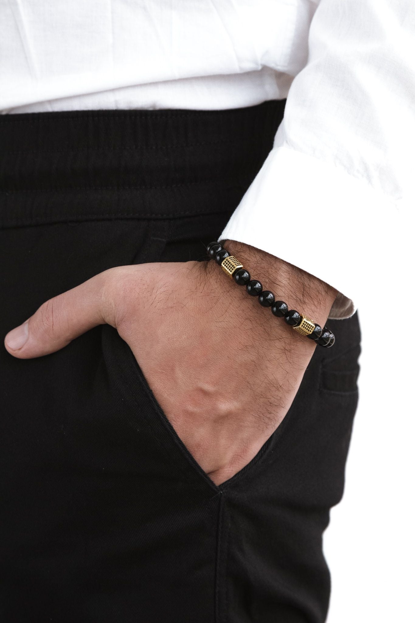 UNCOMMON Men's Beads Bracelet Two Gold Jeweled Chest Charm Black Gloss Onyx Beads