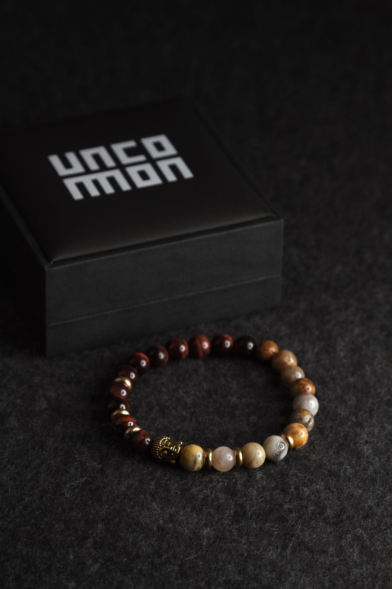 UNCOMMON Men's Beads Bracelet One Gold Buddha Head Charm Tiger-Eye Bea