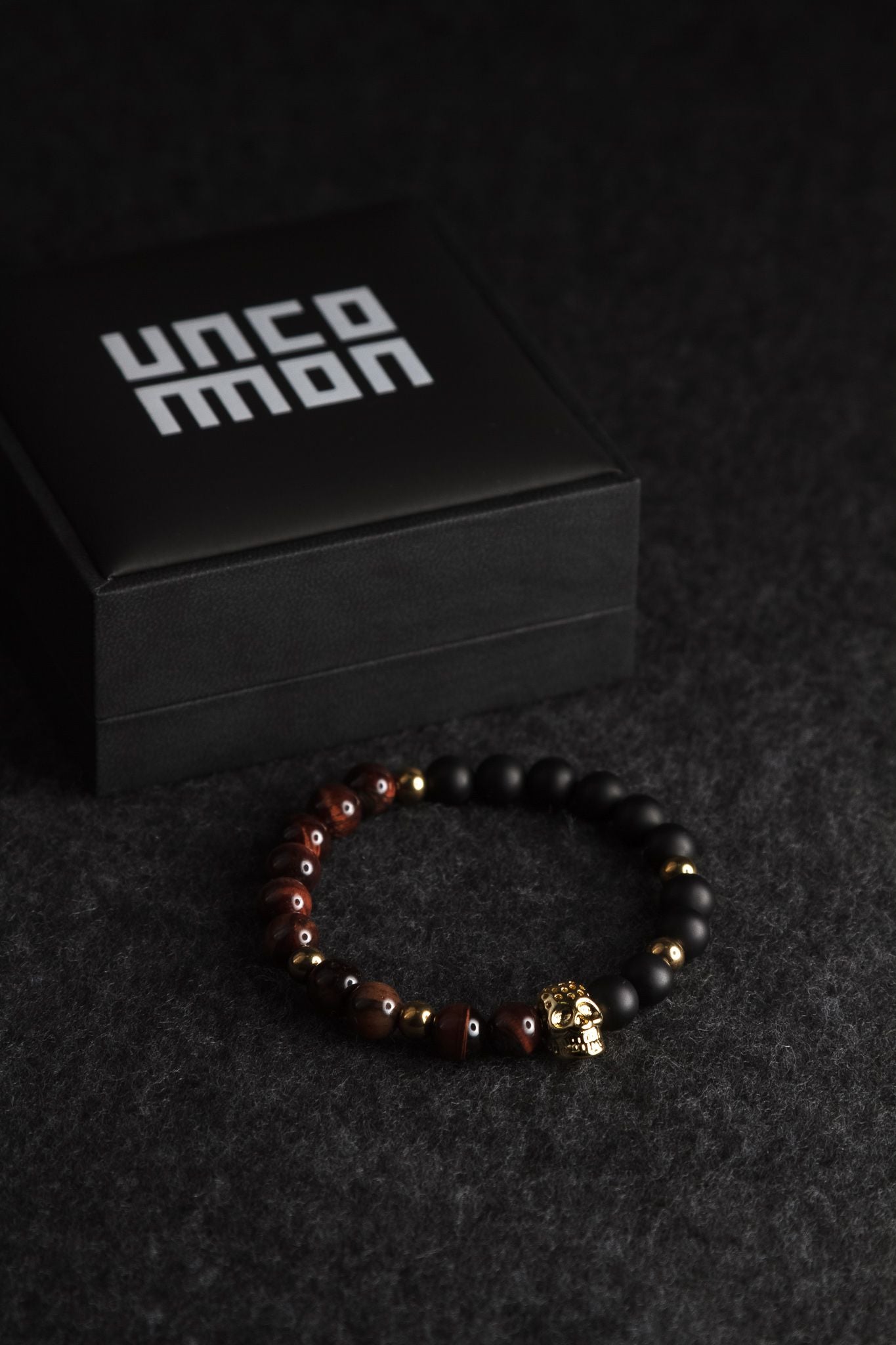 UNCOMMON Men's Beads Bracelet One Gold Skull Charm Tiger-Eye/ Onyx Beads